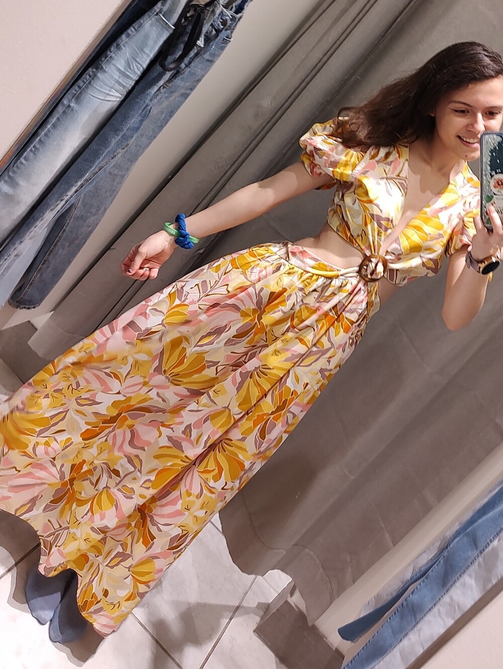 Floral Two-Piece Crop Top & Maxi Skirt Set - Pink, Mustard, Beige